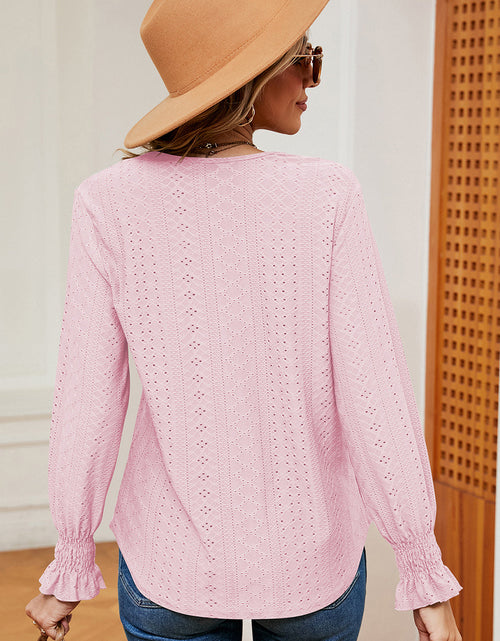 Load image into Gallery viewer, Eyelet V-Neck Flounce Sleeve T-Shirt
