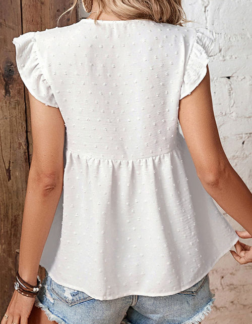 Load image into Gallery viewer, Perfee Swiss Dot Tie-Neck Flutter Sleeve Peplum Blouse
