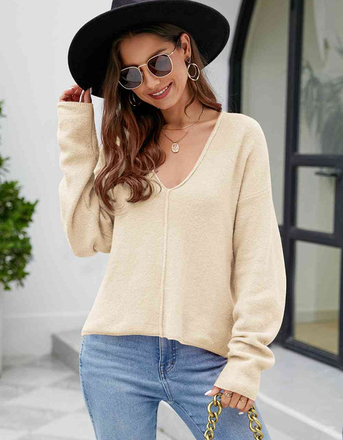 Load image into Gallery viewer, V-Neck Drop Shoulder Long Sleeve Knit Top
