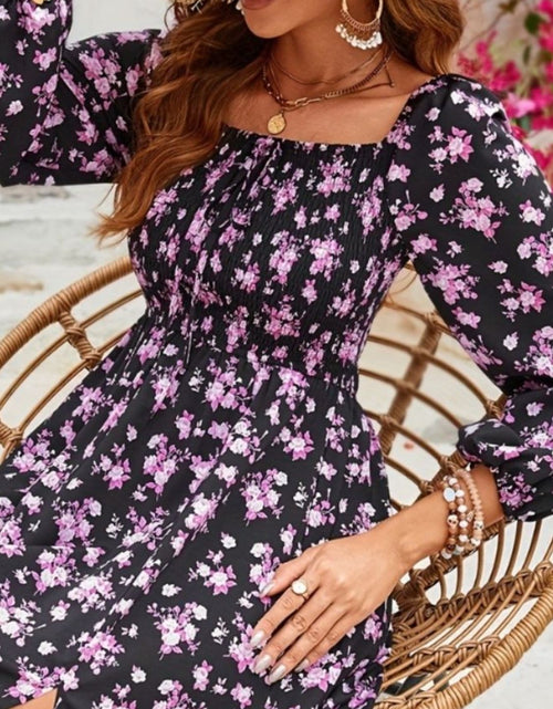 Load image into Gallery viewer, Slit Smocked Floral Square Neck Balloon Sleeve Midi Dress
