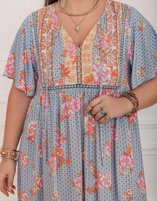 Load image into Gallery viewer, Plus Size Printed Tie Neck Flutter Sleeve Maxi Dress
