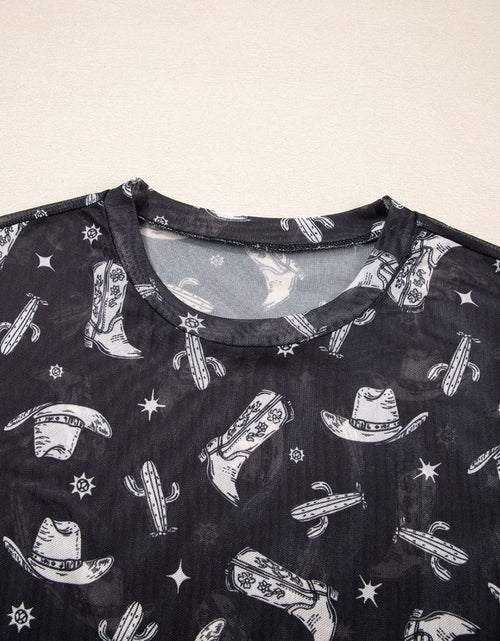 Load image into Gallery viewer, Western Pattern Mesh Sheer Crew Neck Top
