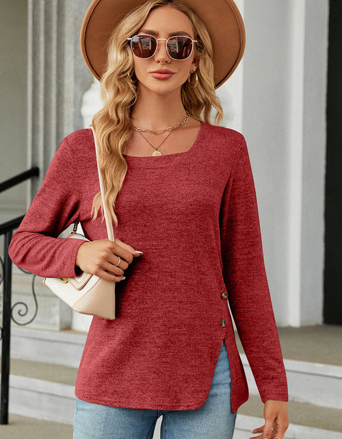 Load image into Gallery viewer, Slit Decorative Button Square Neck T-Shirt
