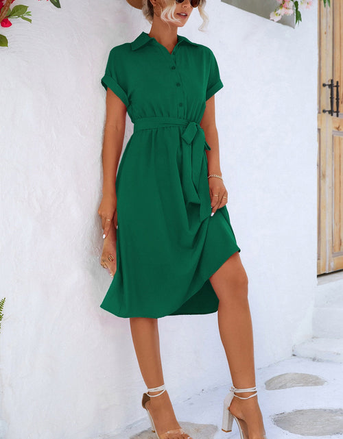 Load image into Gallery viewer, Buttoned Tie Waist Short Sleeve Dress
