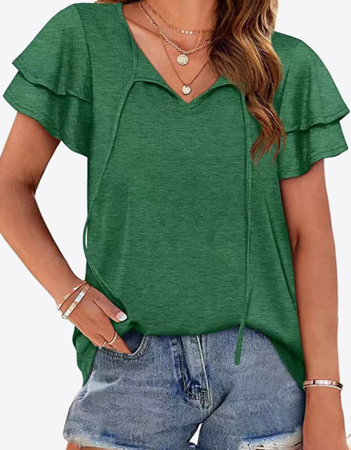 Load image into Gallery viewer, Tie-Neck Layered Flutter Sleeve Blouse
