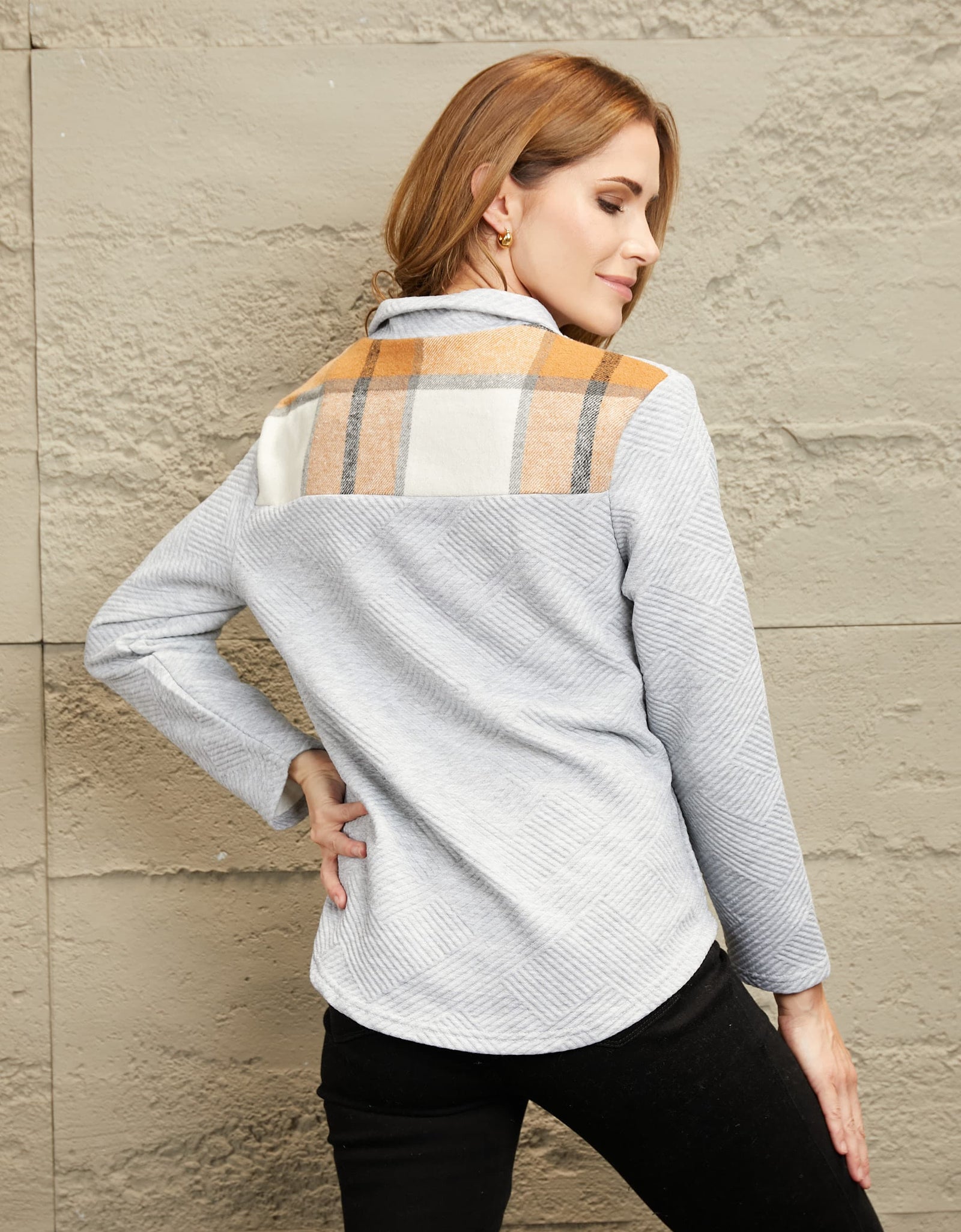 Perfee Spliced Plaid Quarter-Snap Mock Neck Top