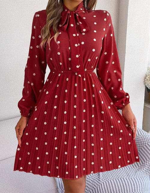 Load image into Gallery viewer, Polka Dot Tie Neck Pleated Dress

