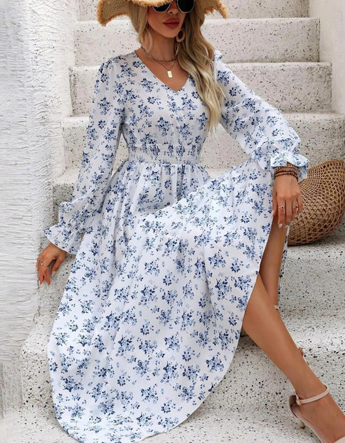 Load image into Gallery viewer, Smocked Printed V-Neck Flounce Sleeve Dress
