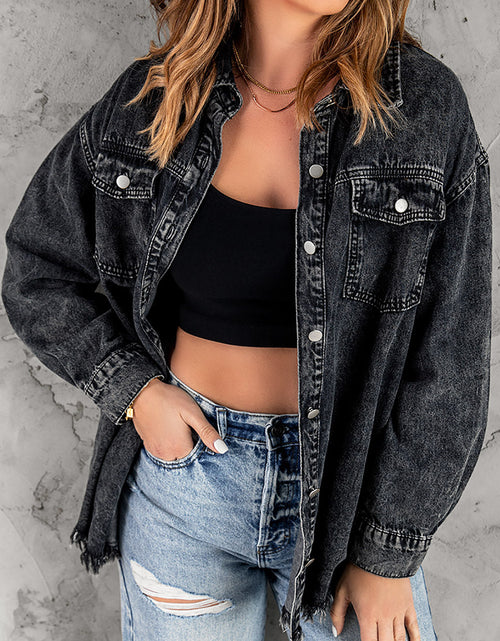 Load image into Gallery viewer, Button Up Pocketed Raw Hem Denim Jacket
