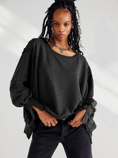 Load image into Gallery viewer, Slit Round Neck Dropped Shoulder T-Shirt
