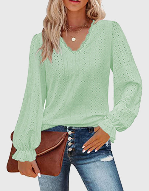 Load image into Gallery viewer, Eyelet V-Neck Flounce Sleeve Blouse

