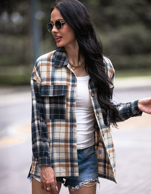 Load image into Gallery viewer, Shiny Plaid Dropped Shoulder Shacket

