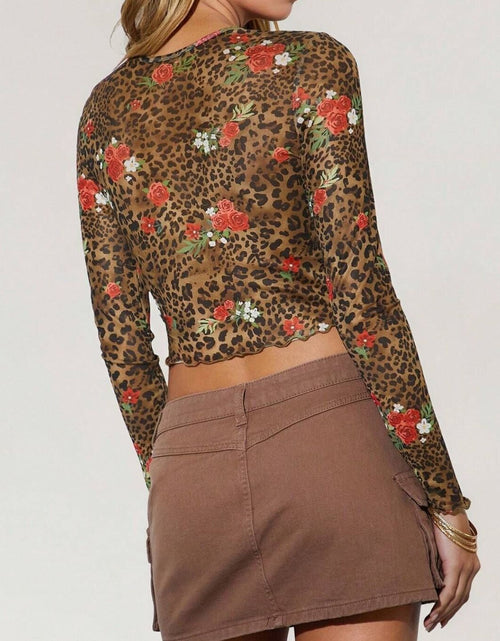 Load image into Gallery viewer, Leopard Floral Round Neck Long Sleeve Mesh T-Shirt
