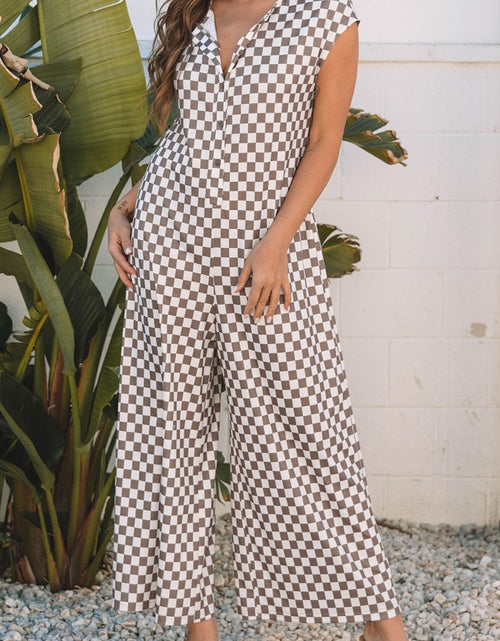 Load image into Gallery viewer, Checkered Print Crew Neck Wide Leg Jumpsuit

