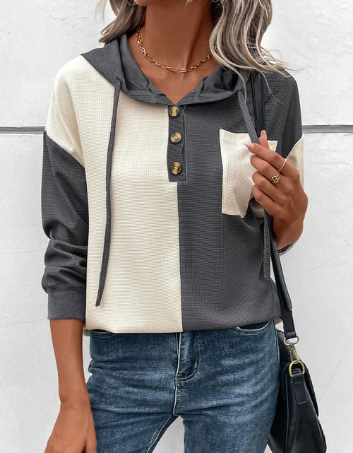 Load image into Gallery viewer, Drawstring Quarter Button Contrast Long Sleeve Hoodie

