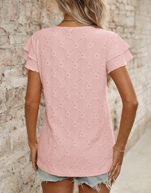 Load image into Gallery viewer, Eyelet Round Neck Double Layered Ruffled Short Sleeve Top
