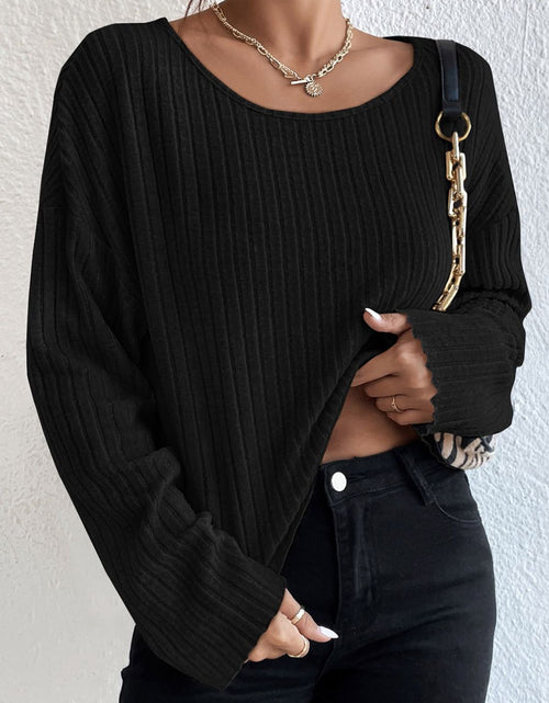 Load image into Gallery viewer, Ribbed Round Neck Drop Shoulder Long Sleeve Top
