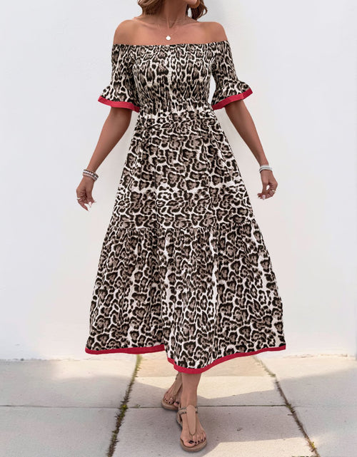 Load image into Gallery viewer, Perfee Leopard Off-Shoulder Flounce Sleeve Midi Dress
