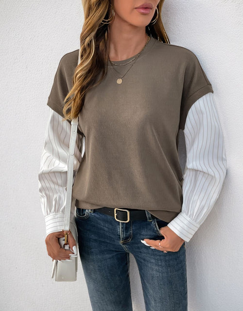 Load image into Gallery viewer, Perfee Round Neck Striped Sleeve Sweatshirt
