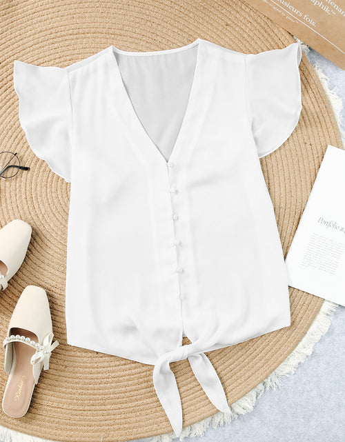 Load image into Gallery viewer, V-Neck Tie Hem Flutter Sleeve Blouse
