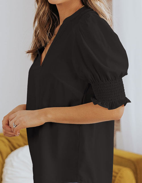 Load image into Gallery viewer, Smocked Flounce Sleeve Notched Neck Blouse
