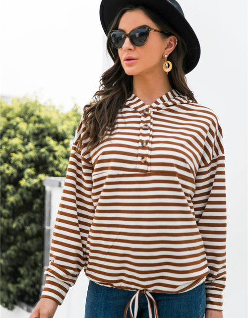 Load image into Gallery viewer, Striped Half-Button Dropped Shoulder Hoodie
