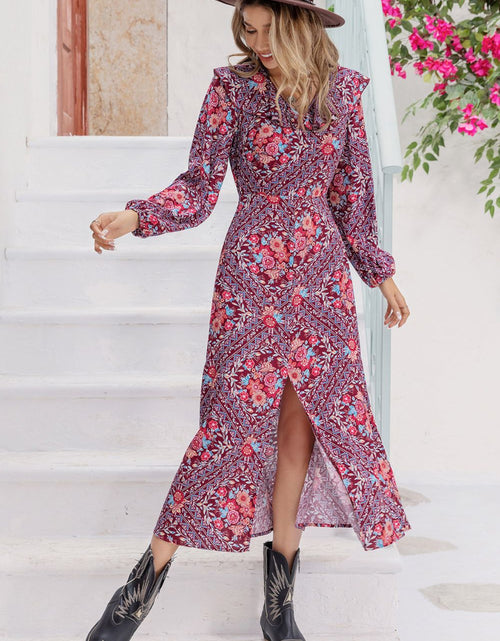 Load image into Gallery viewer, Printed Long Sleeve Slit Midi Dress
