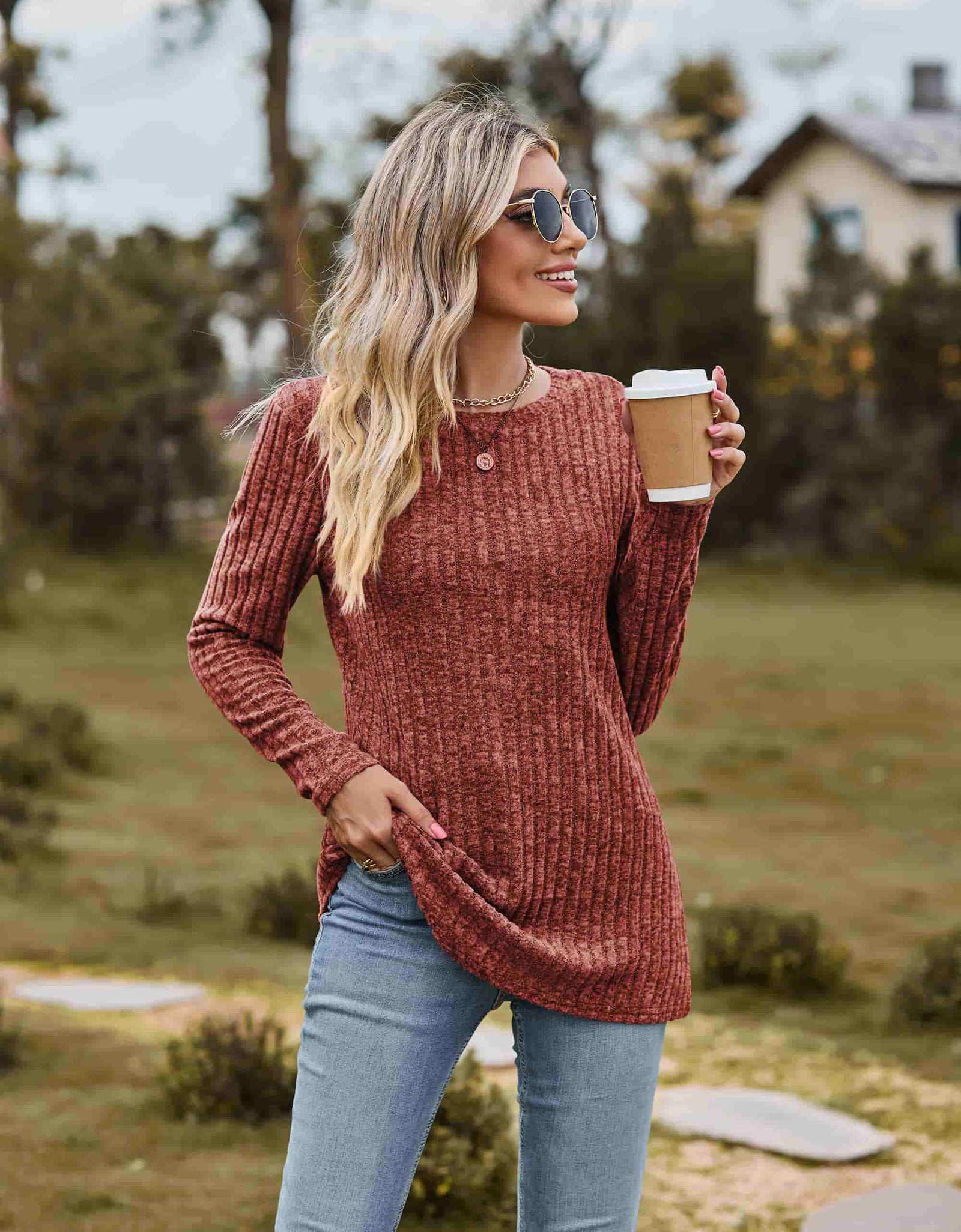 Ribbed Round Neck Long Sleeve Tee