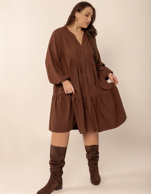 Load image into Gallery viewer, Plus Size Tie Neck Balloon Sleeve Tiered Dress
