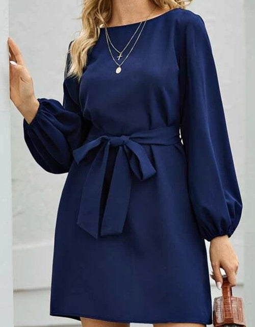 Load image into Gallery viewer, Tied Boat Neck Balloon Sleeve Mini Dress
