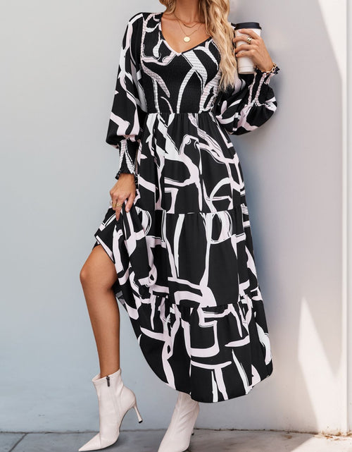 Load image into Gallery viewer, Perfee Smocked Printed Long Sleeve Midi Dress
