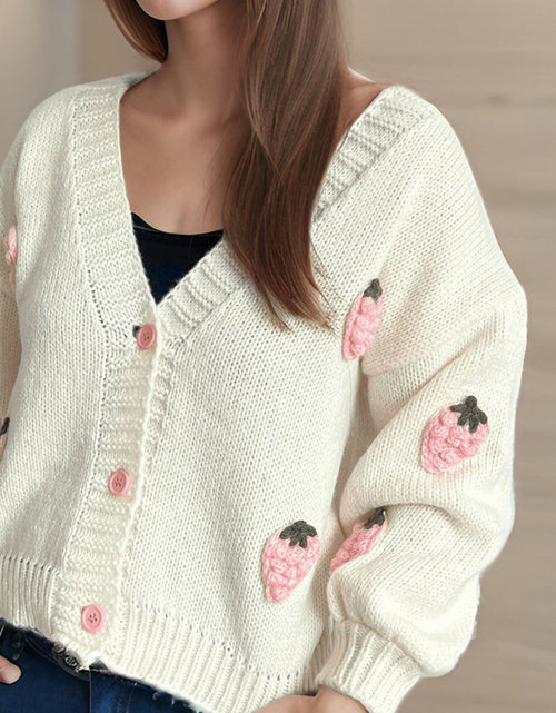 Load image into Gallery viewer, Crochet Strawberry V-Neck Long Sleeve Cardigan
