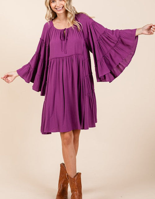 Load image into Gallery viewer, Mittoshop Frill Tie Neck Bell Sleeve Dress
