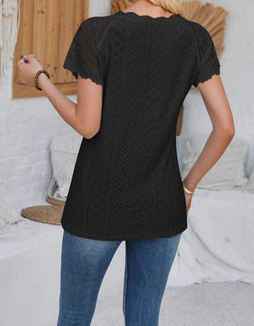 Load image into Gallery viewer, Eyelet Lace Detail V-Neck Short Sleeve Top

