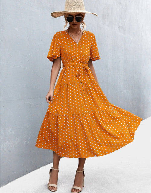 Load image into Gallery viewer, Printed V-Neck Flutter Sleeve Belted Dress
