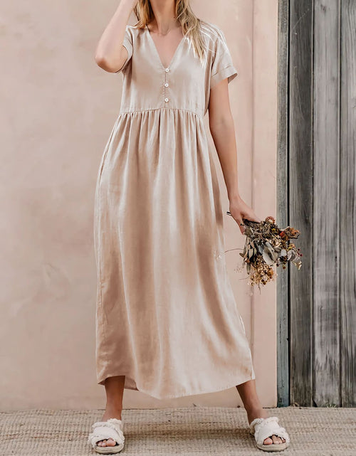 Load image into Gallery viewer, Perfee V-Neck Short Sleeve Midi Dress
