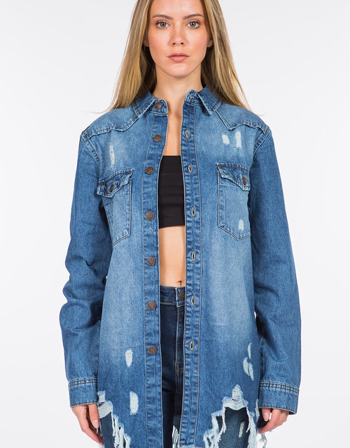Load image into Gallery viewer, American Bazi Distressed Frayed Hem Denim Jacket
