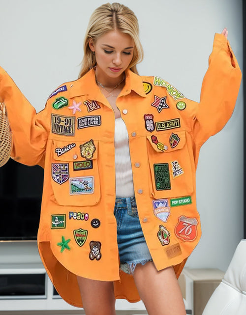 Load image into Gallery viewer, Embroidered Patch Button Up Long Sleeve Denim Jacket
