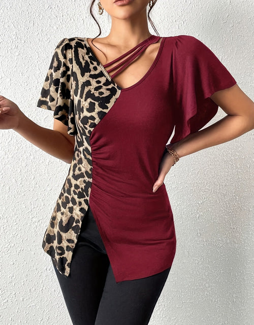 Load image into Gallery viewer, Ruched Leopard Flutter Sleeve T-Shirt
