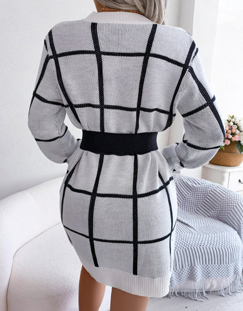 Load image into Gallery viewer, Plaid Round Neck Dropped Shoulder Sweater Dress
