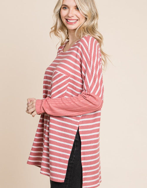 Load image into Gallery viewer, Culture Code Oversize Striped Round Neck Long Sleeve Slit T-Shirt
