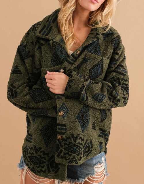 Load image into Gallery viewer, Geometric Button Up Long Sleeve Sherpa Jacket
