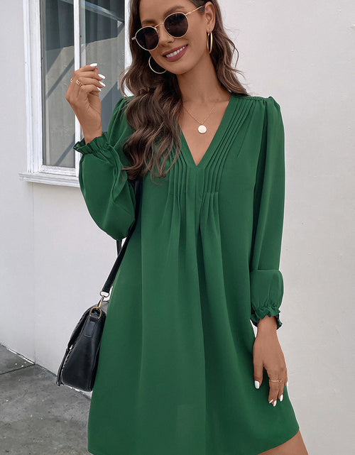 Load image into Gallery viewer, Perfee Ruched V-Neck Flounce Sleeve Dress
