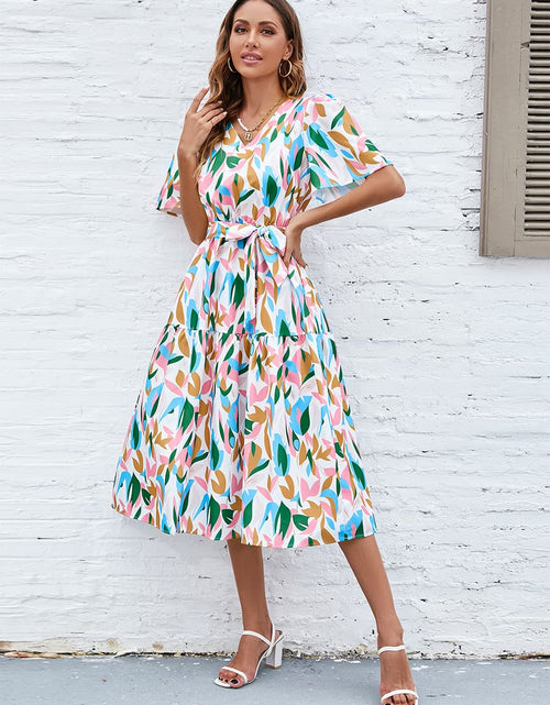 Load image into Gallery viewer, Printed Tie-Waist V-Neck Flutter Sleeve Dress
