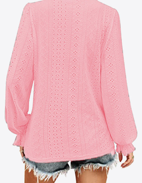 Load image into Gallery viewer, Eyelet V-Neck Flounce Sleeve Blouse
