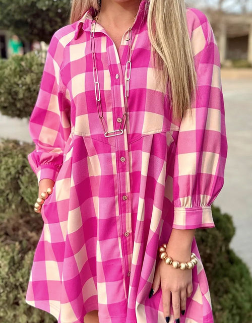 Load image into Gallery viewer, Ruched Plaid Three-Quarter Sleeve Shirt Dress
