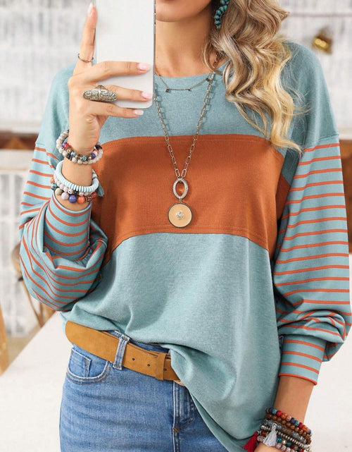 Load image into Gallery viewer, Round Neck Striped Long Sleeve Slit T-Shirt

