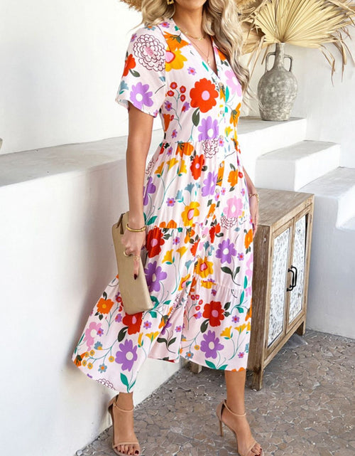 Load image into Gallery viewer, Devine Printed Johnny Collar Button Down Short Sleeve Midi Shirt Dress
