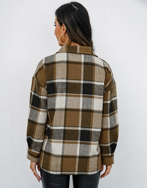 Load image into Gallery viewer, Shiny Plaid Button Up Collared Neck Jacket
