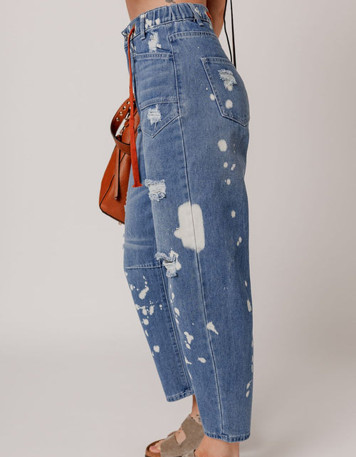 Load image into Gallery viewer, Distressed Splattering Paint Rope Waist Cropped Straight Jeans
